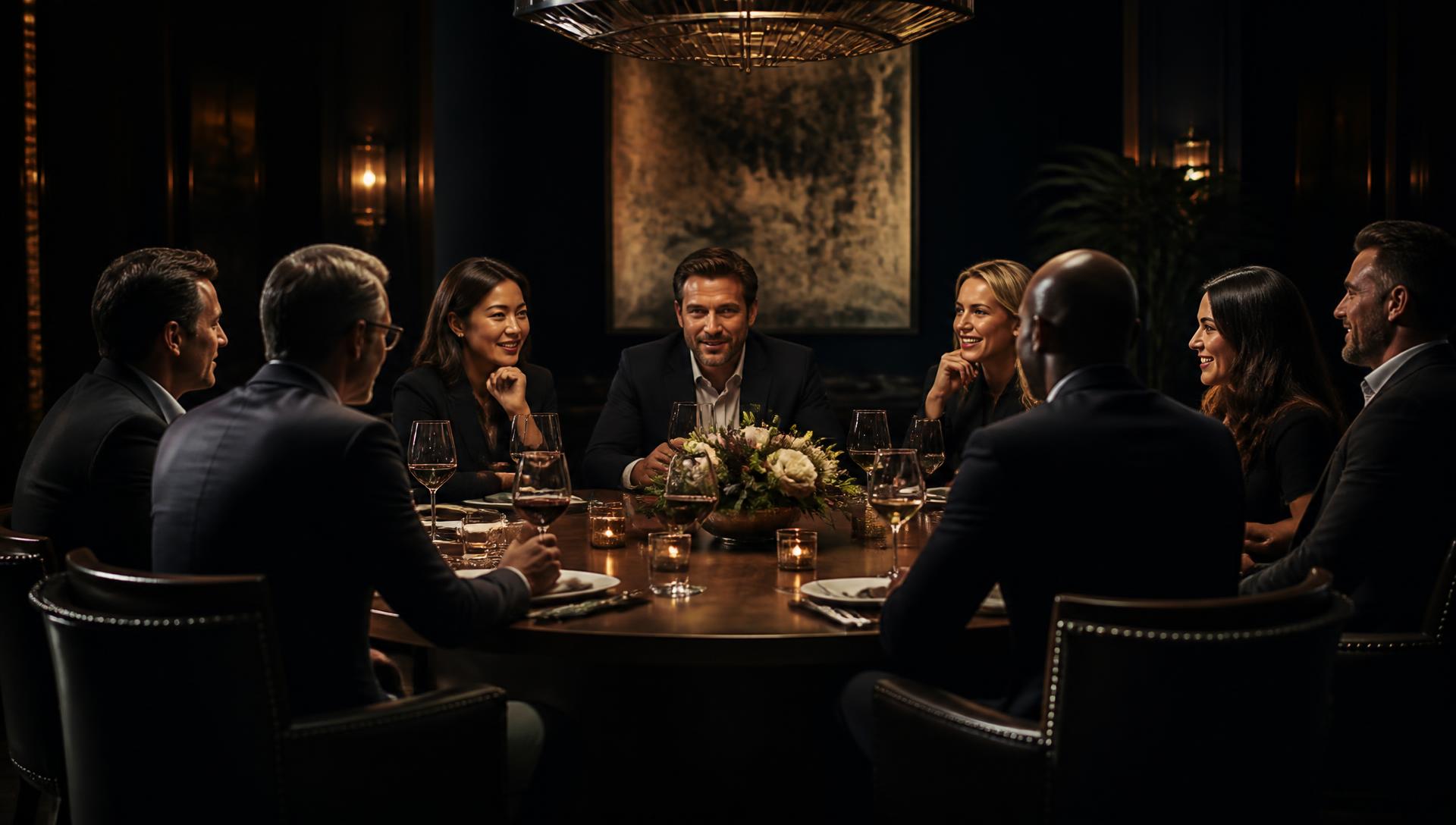 Eight business professionals in conversation around a private dining table